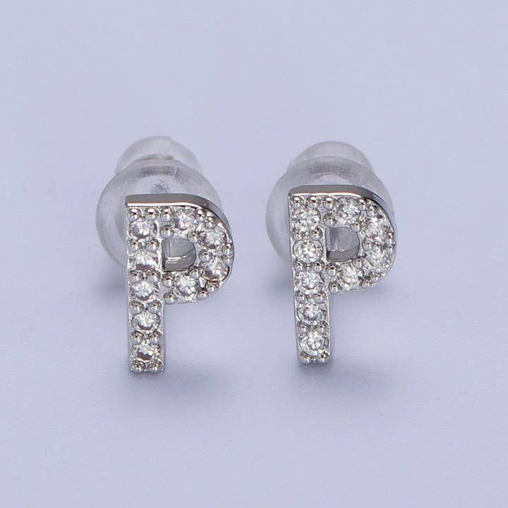 Aim Eternal - Wholesale Stud/Post Earrings - White Gold Filled Tiny Initial Letter Diamond CZ Silver Stud17