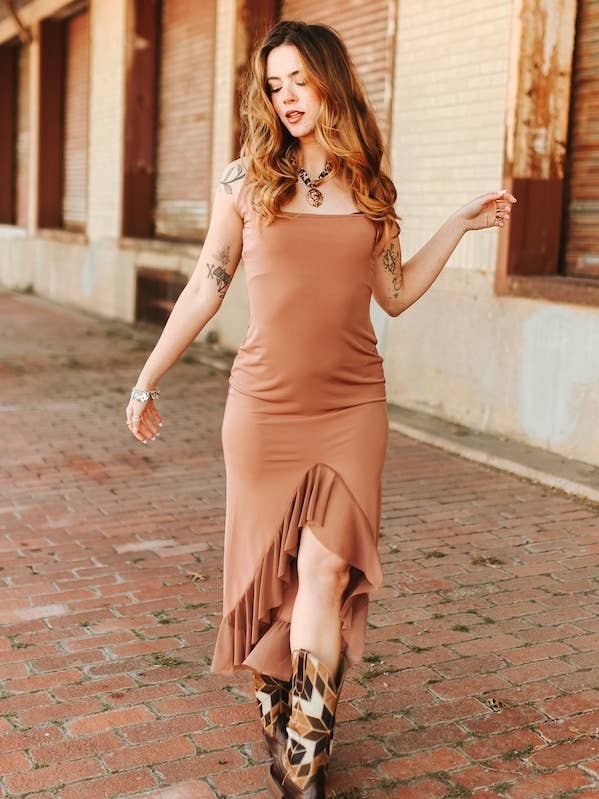Camel Ruffle Front Slit Hem Thick Strap Dress for wholesale by LUCKY & BLESSED