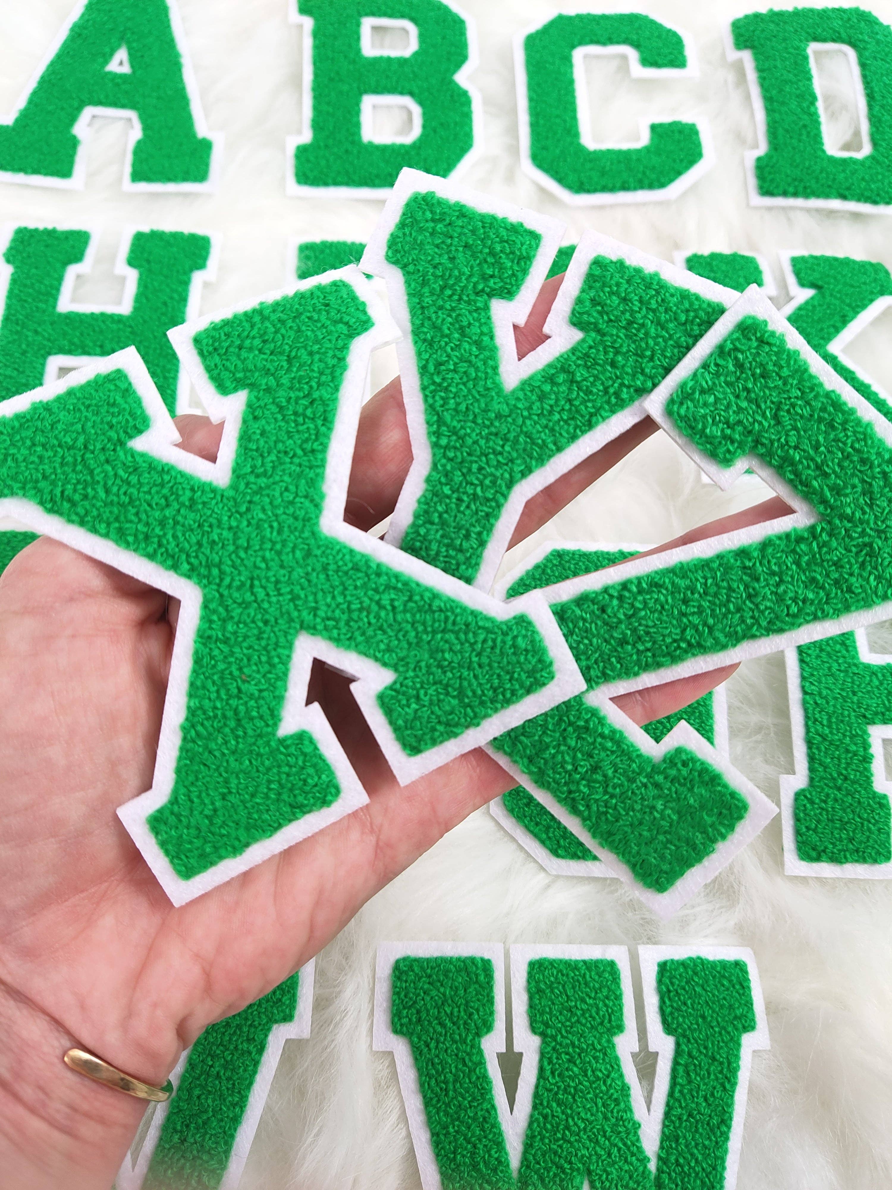 Green Chenille Iron On Letter Patches for wholesale on Faire1