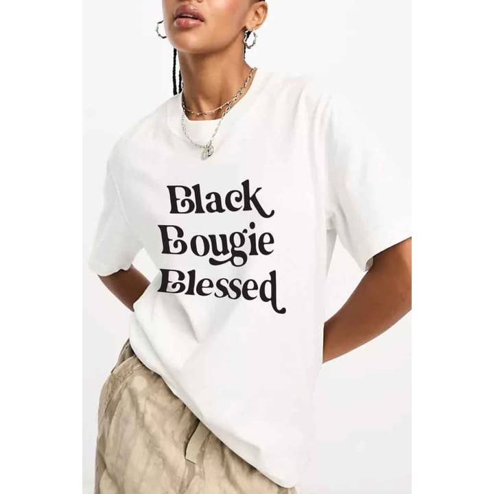 Nobrand - Wholesale Screen Printed T-Shirt - Women's - BLACK BOUGIE BLESSED WOMEN GRAPHIC TEE