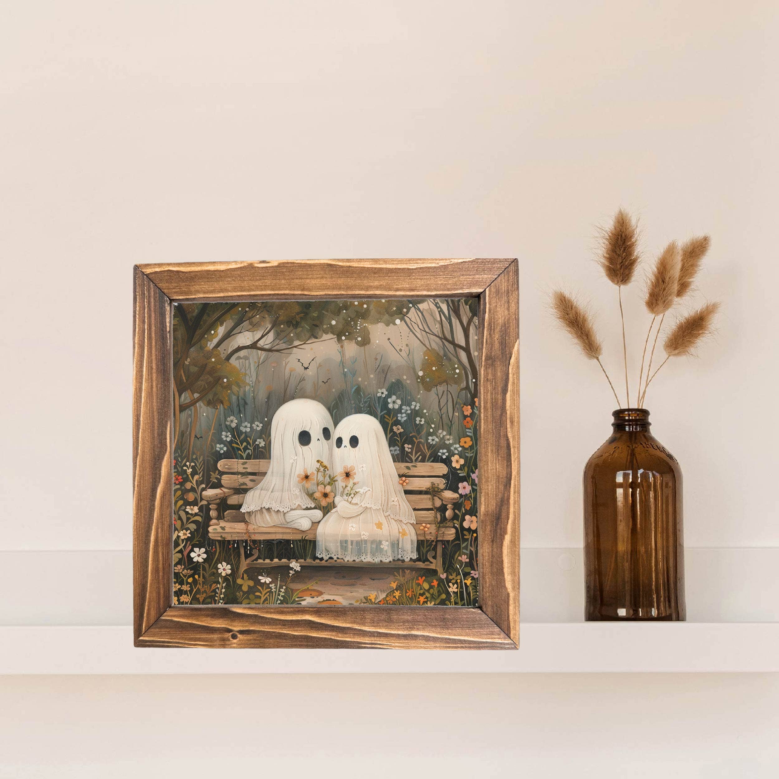 Teele and Co. - Wholesale Art Print - Ghost on Bench Printed Halloween Decor Framed Sign1