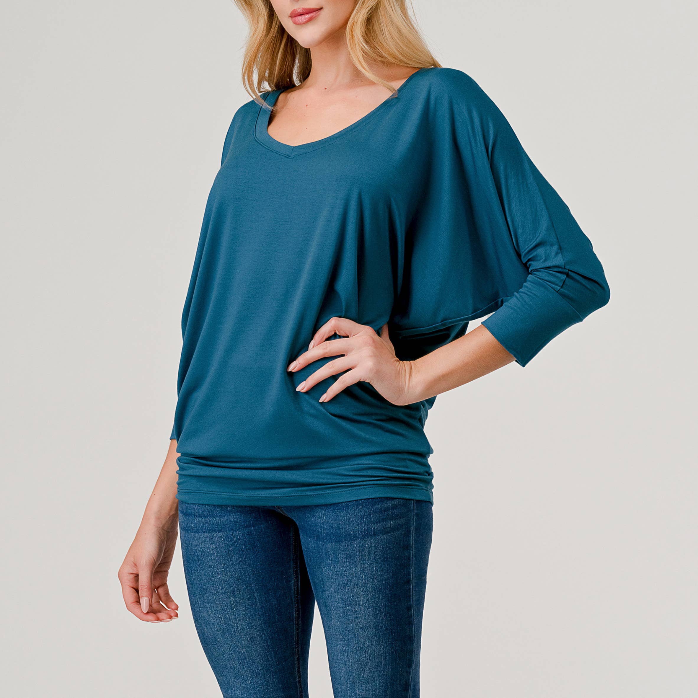 Heimious - Wholesale Knit Top - Women's - 3/4 Dolman Sleeve V-neck Modal Jersey Top, 257371