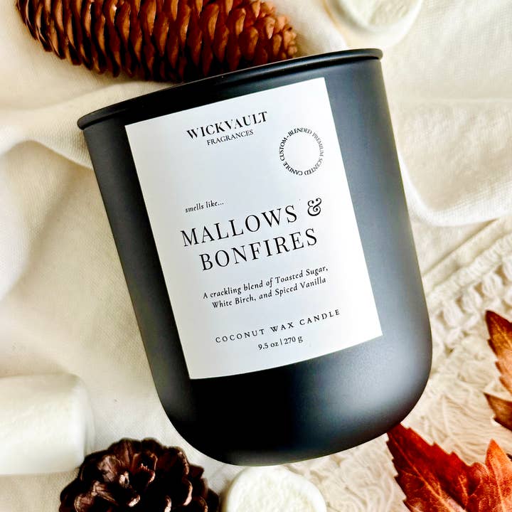 Mallows & Bonfires - 9.5 oz Matte Black Coconut Soy Wax Candle w/ Wooden Wick for wholesale by Wick Vault Fragrances