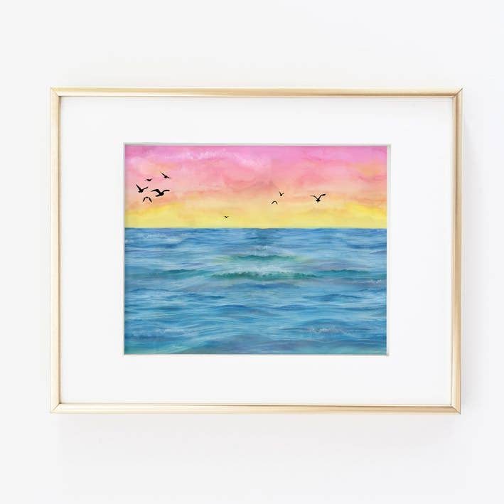 Impresión artística acuarela Sunset Beach para venta al por mayor de Slate + Brush Design Studio