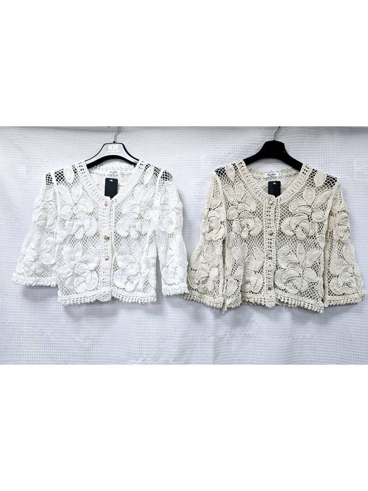 Beige Gold Button Crochet Lace Pure Cotton Cardigan for wholesale on Faire