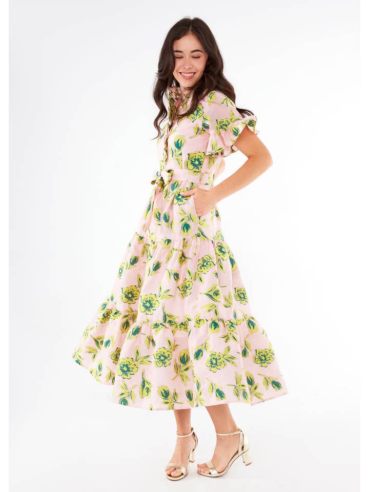 Sadie Maxi Dress Pink Tropical Tulip Jacquard for wholesale on Faire2