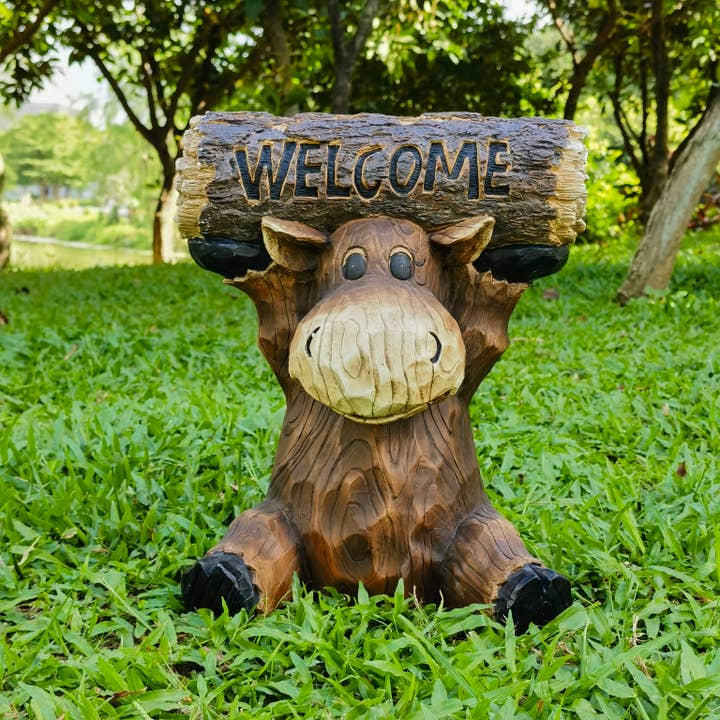 Hi-Line Gift Ltd. - Wholesale Decorative Figurine - Moose Cub Holding Welcome Sign Garden Decor
