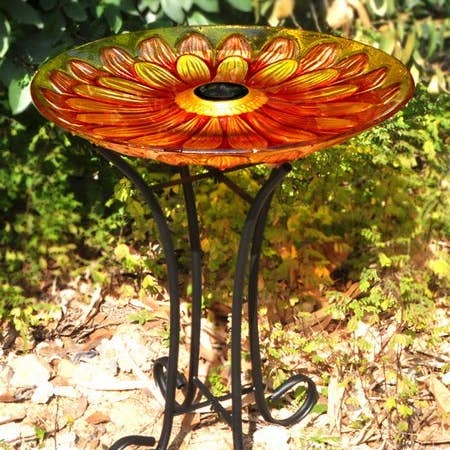 Hi-Line Gift Ltd. - Wholesale Bird Bath - Solar Floral Glass Bird Bath With Stand