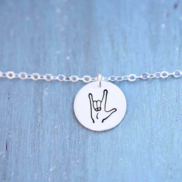 Jeg elsker dig ASL Symbol Disc halskæde for engroshandel hos Words By Heart