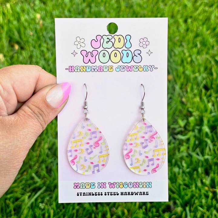 Teardrop Style Colorful Music Note Earrings for wholesale by Jedi Woods LLC