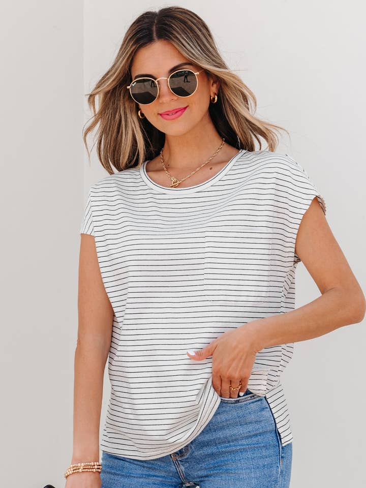 White Stripe Cap Sleeve Crew Neck Casual Tee with Chest Pocket for wholesale by Azzurro