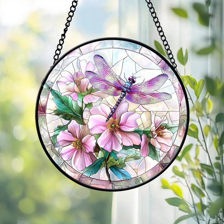 Dragonfly and Floral Glass Suncatcher, Dragonfly Flower for wholesale by NVC Ecommerce LLC