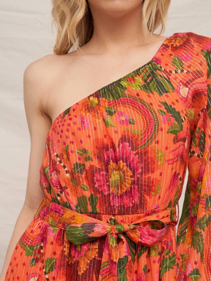 Orange Multi Robe à une épaule à imprimé tropical avec lurex en vente sur Faire10