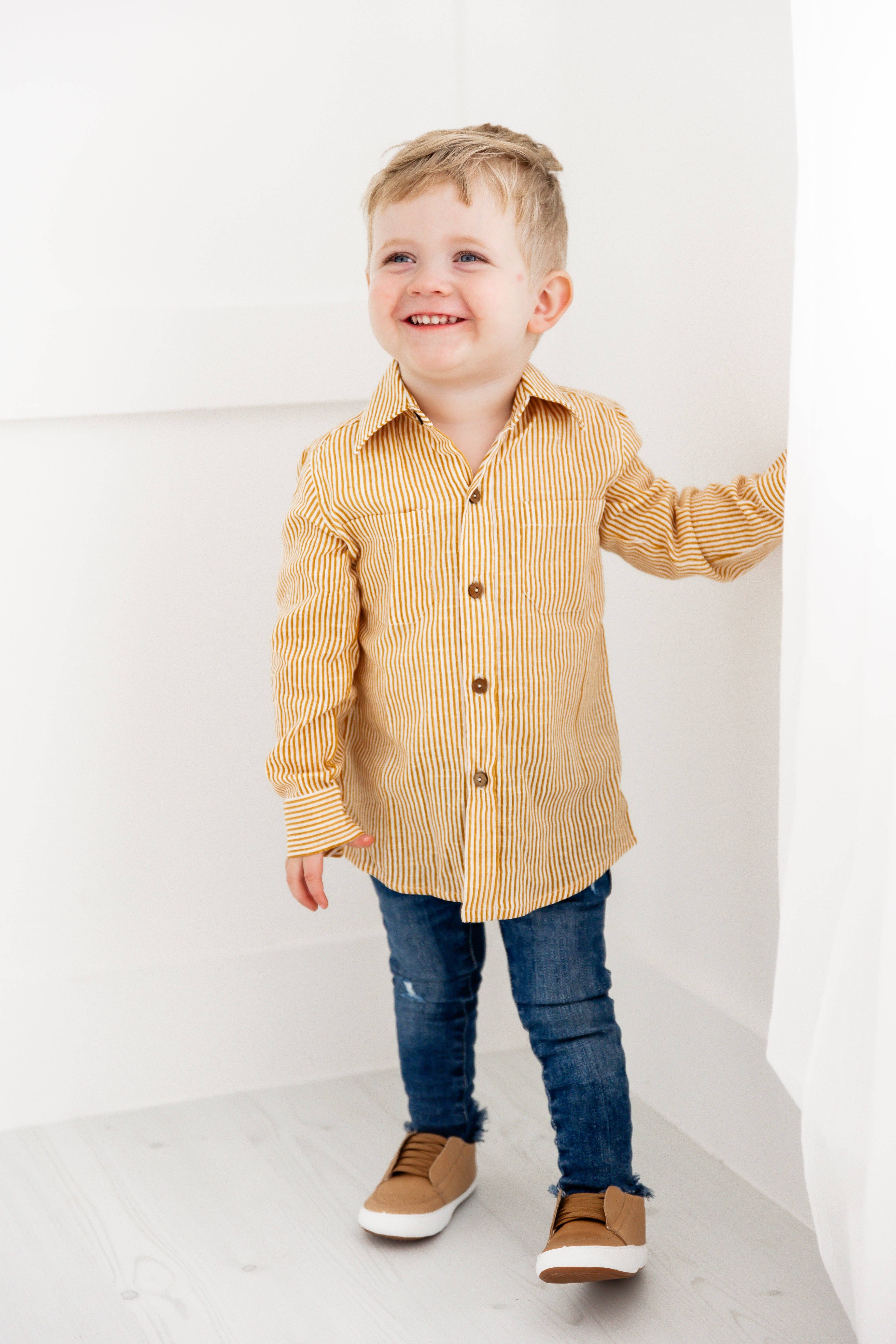 Yo Baby - Wholesale Button Down Shirt - Kids - Mustard Stripes Printed Boys Shirts8