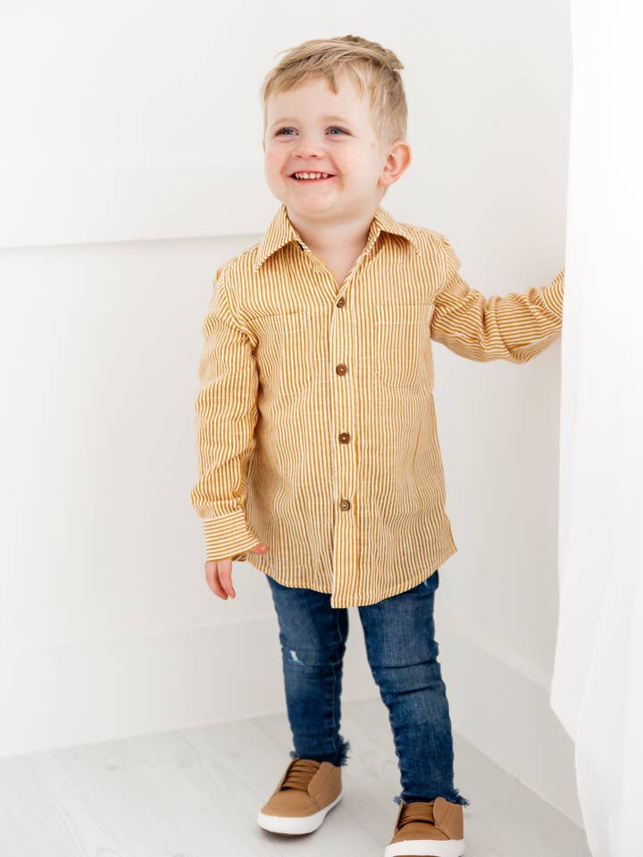 Yo Baby - Wholesale Button Down Shirt - Kids - Mustard Stripes Printed Boys Shirts8