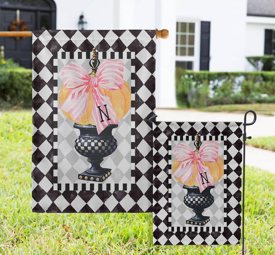 Boutique Monogram - Wholesale Flag - Personalized Monogram Initial Flag, Harlequin, Bow, Pumpkin0