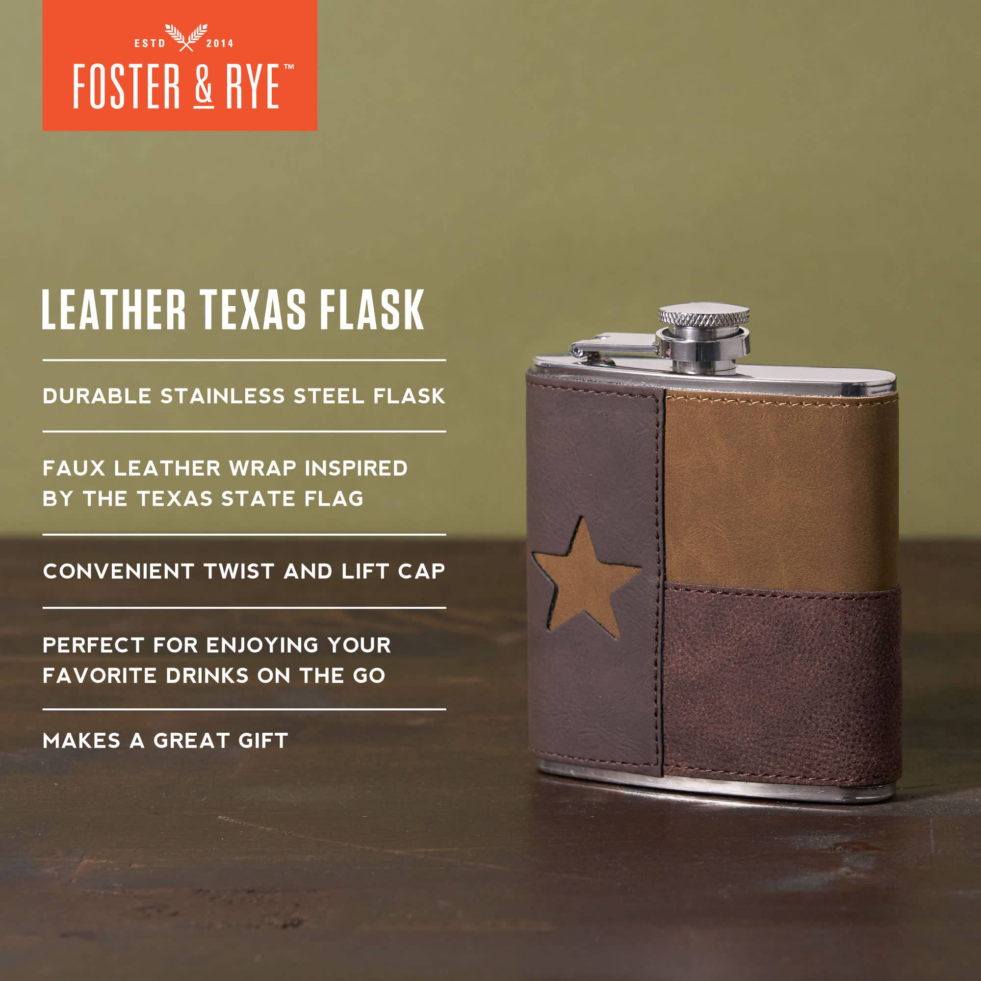 Foster & Rye - Wholesale Flask - Leather Texas2