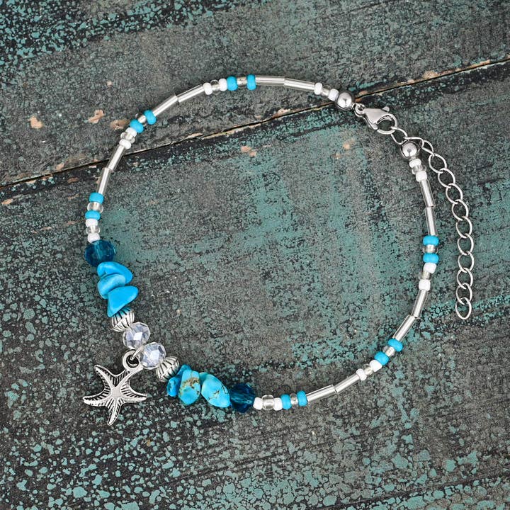 Turquoise & Starfish Bead Boho Anklet for wholesale by Free Spirit Shop