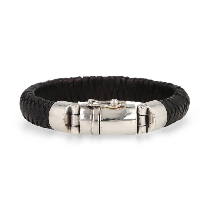 Black Leather and Silver Mens Bracelet for wholesale by Bhoma - Mens Designer Jewelry
