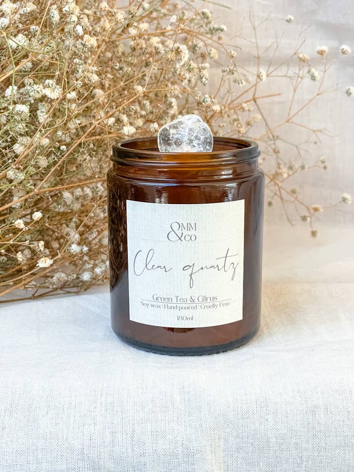 Clear Quartz Crystal Candle|Green Tea + Citrus for wholesale by Omm & Co