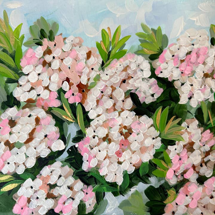 Imprimé de plantes et de fleurs : Hortensias rose et beige pour la vente par Earth and Air Studios