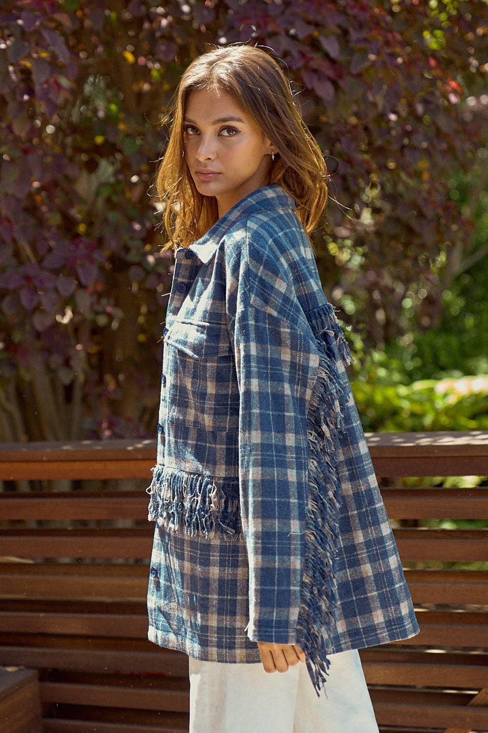 Lalavon - Wholesale Button Down Shirt - Women's - ILT1505 Plaid button up w/ fringe detail11