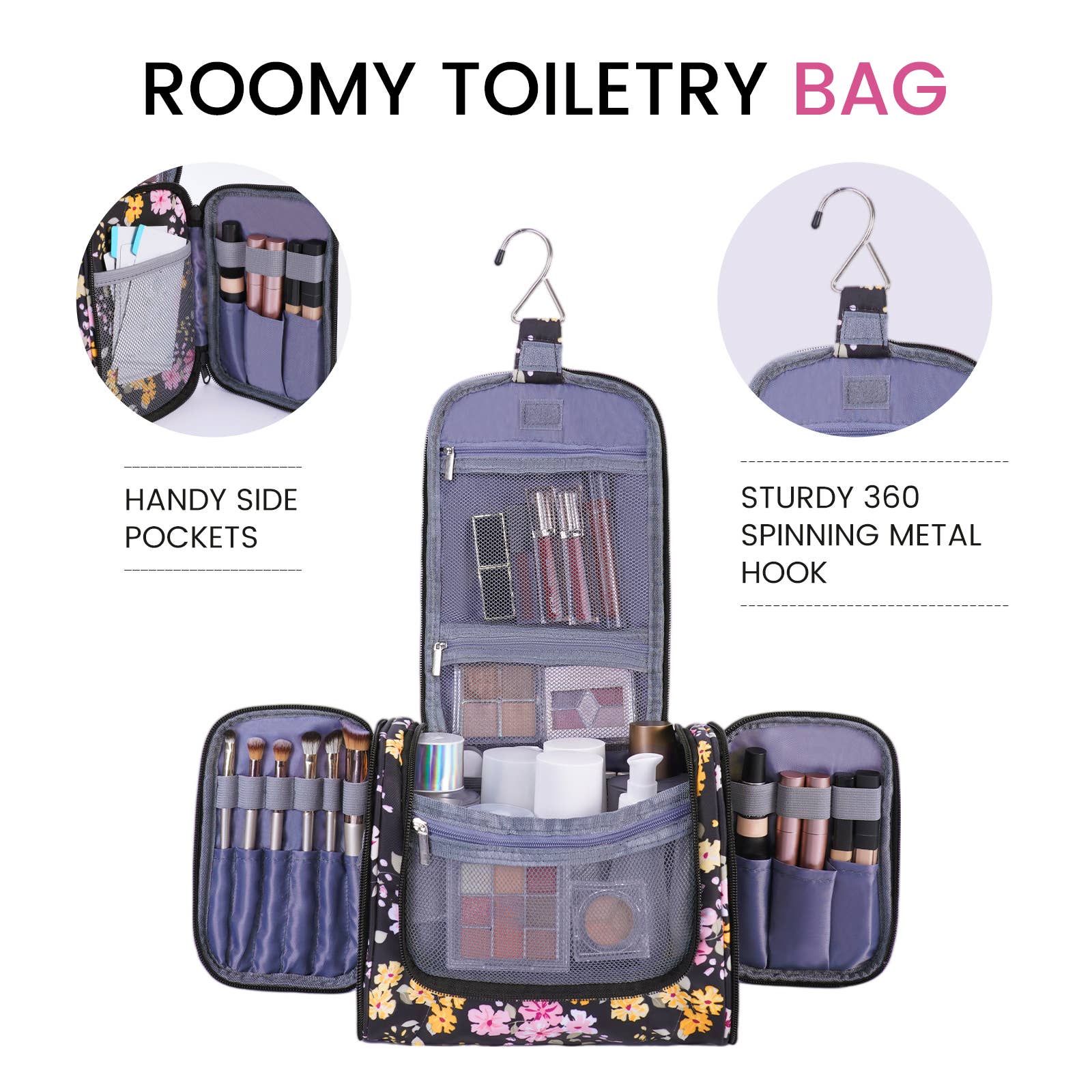 wandf - Wholesale Toiletry Bag - Women's - Versatile Hanging Cosmetic Bag with Floral Design for Travel8