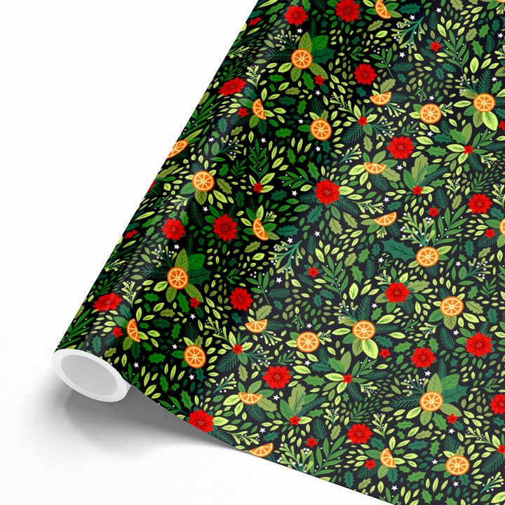 Dark Floral Christmas Gift Wrap, Poinsettias (min of 5) for wholesale by Pear Tree Press