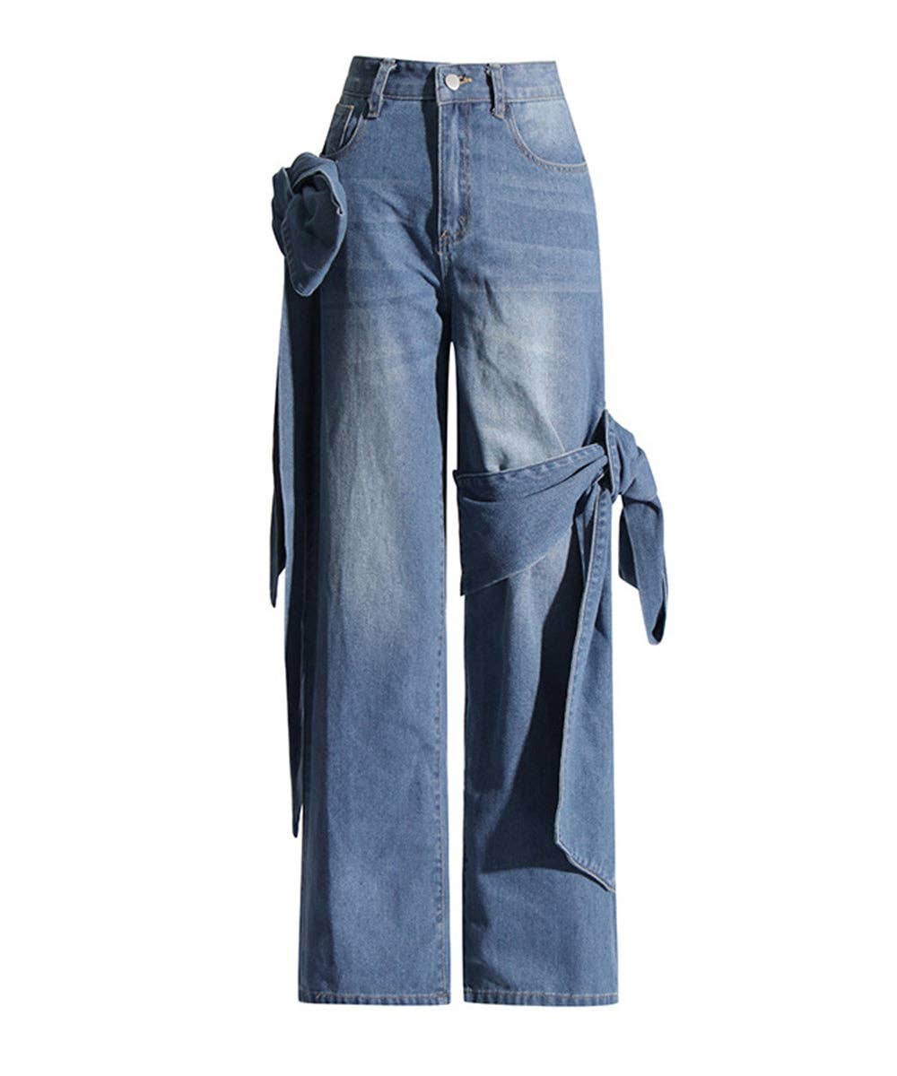 Blue Patchwork Bow Detail Wide Leg Jeans for wholesale on Faire2