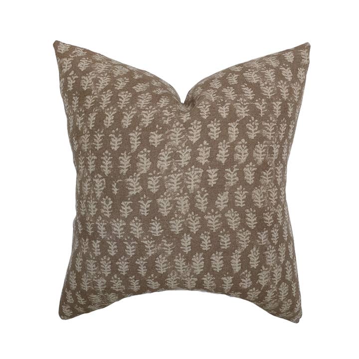 Linen & James - Wholesale Throw Pillow Cover - Andie | Warm Brown Floral Handblock Pillow Cover