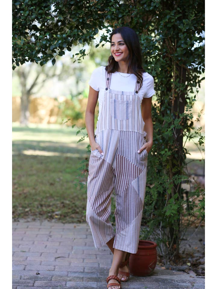 Sacred Threads - Wholesale Overalls - Women's - Ethereal Stripes Chic Patchwork Overalls