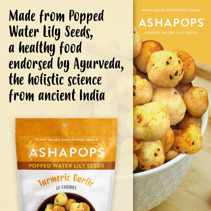 AshaPops - Wholesale Puffed Snack - 0.5oz Turmeric Garlic - AshaPops Popped Water Lily Seeds