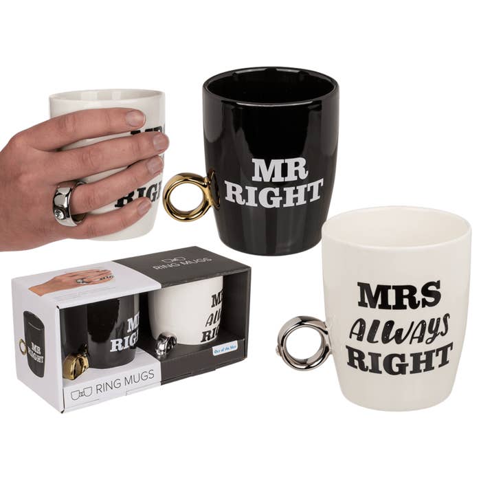 Conjunto de canecas de cerâmica Mr. Right & Mrs. Always Right com alça em forma de anel por atacado de Out of the blue KG