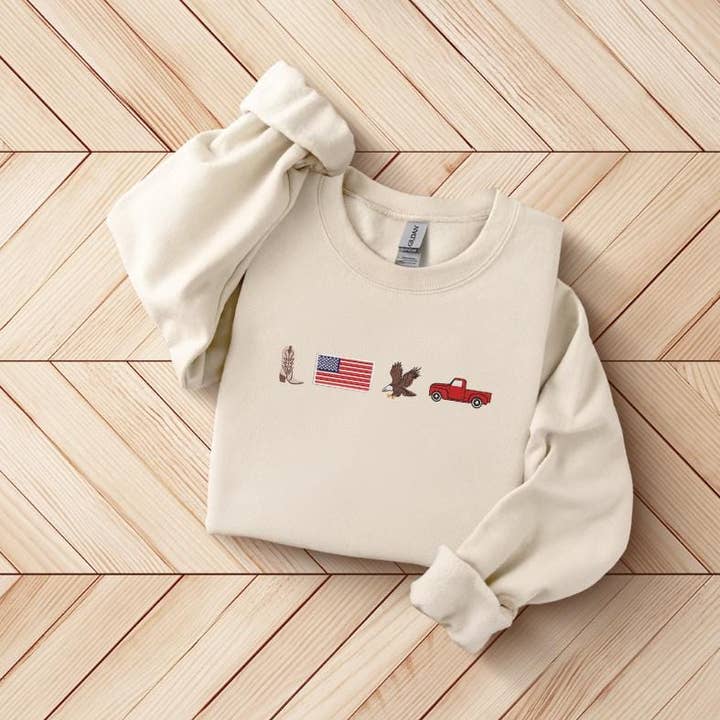 Embroidered America Icons Patriotic Crewneck Sweatshirt for wholesale by ART OF DOTS