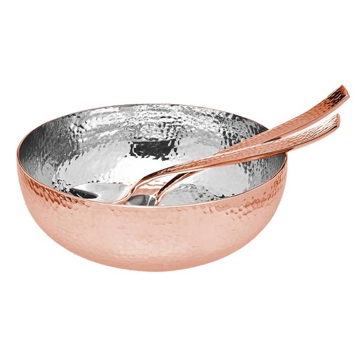 Lexi Home - Wholesale Serve Bowl - Copper Hammered Salad Bowl with Serving Spoon & Fork Set