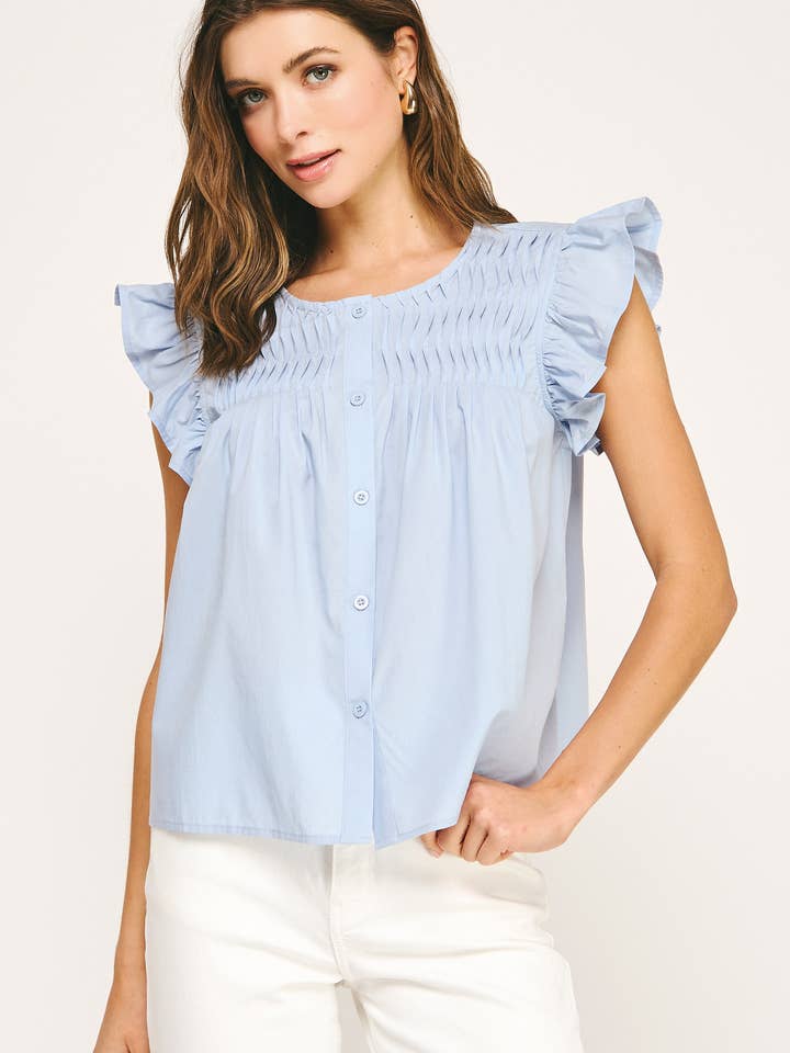 Ruffle Sleeve Reverse Pin-tuck Detail Blouse for wholesale by Strut & Bolt