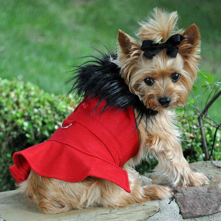 Doggie Design - Wholesale Pet Coat - Dog - Wool Fur-Trimmed Dog Harness Coat - Red1