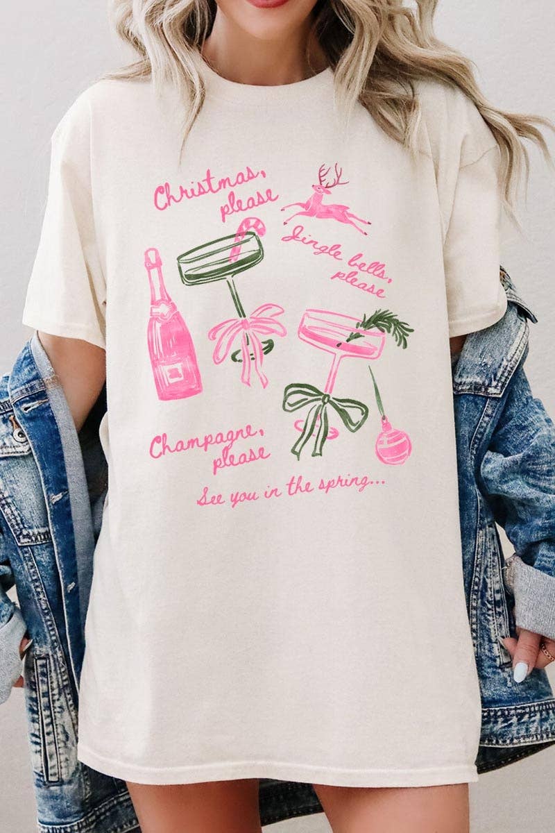 COLORBEAR – T-shirt gráfica - Mulher por atacado – T-shirt de Algodão Pesado com Gráfico de Champanhe de Natal15