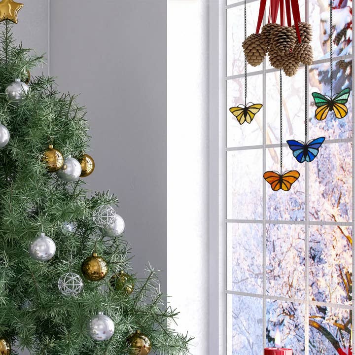 3.2"H Butterfly Kaleidoscope Stained Glass Window Panel Set for wholesale by River of Goods