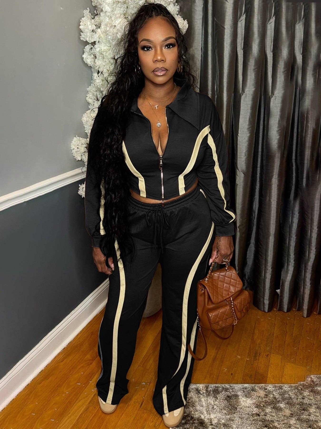 MB Fashion Wholesale - Wholesale Lounge Set - Women's - MB FASHION Zip-Up Contrast Stripe Two-Piece Lounge Set 503911