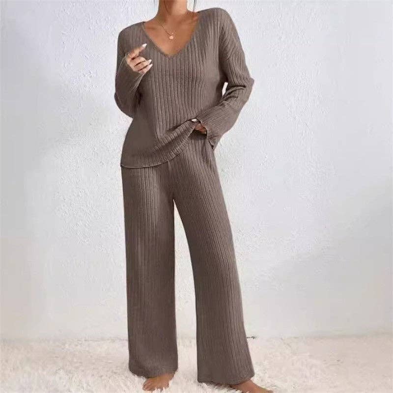 FurDecoration - Wholesale Lounge Set - Women's - V-Neck Loose Knit Fleece Long Sleeve Top Pants Set1