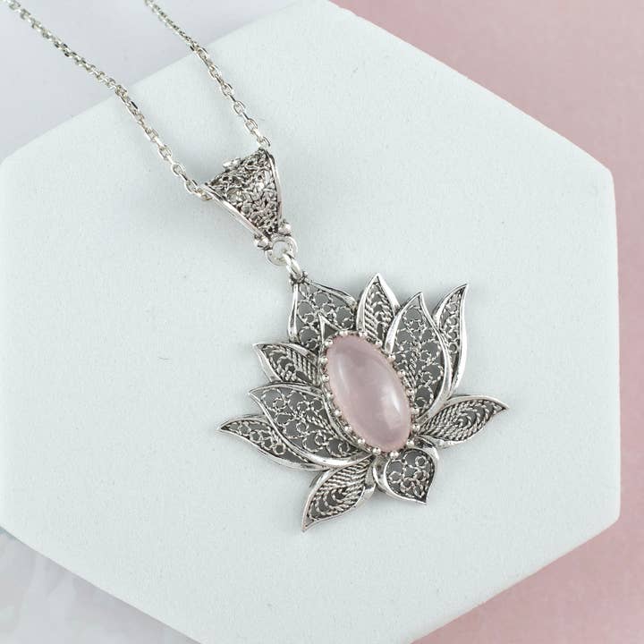 Filigranist Jewelry - Wholesale Pendant/Charm Necklace - Sterling Silver Filigree Lotus Rose Quartz Gemstone Woman Pendant Necklace5