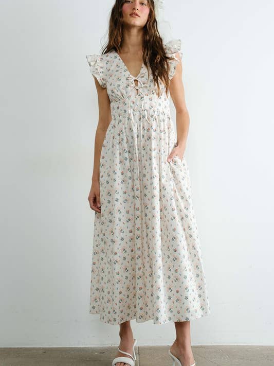 Vestido maxi con volante, manga acampanada y lazo delantero floral SD2260 para venta al por mayor de Creamon