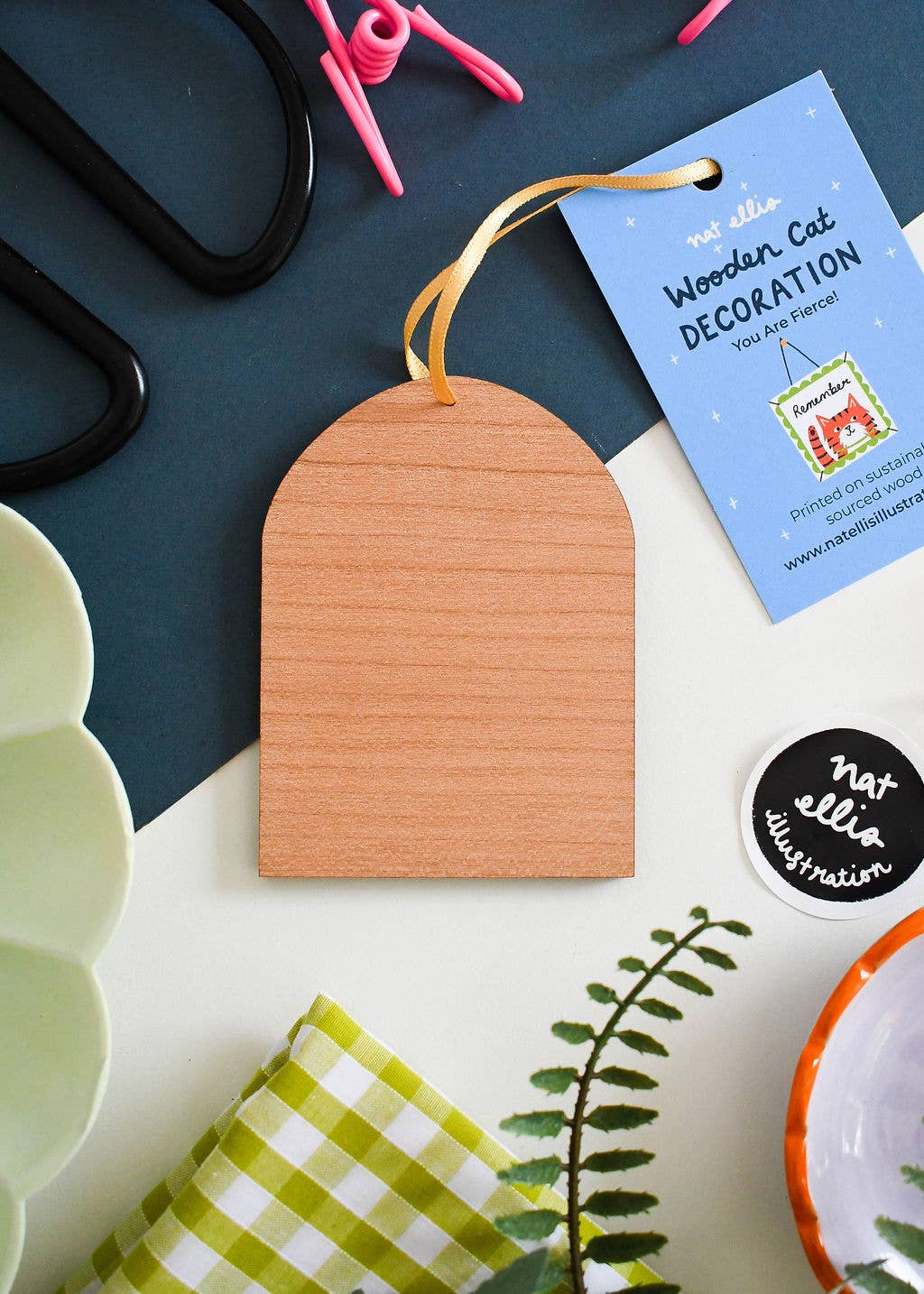 Nat Ellis Illustration – wholesale Ornament – You Are Fierce Cat Wooden Hanging Ornament 2