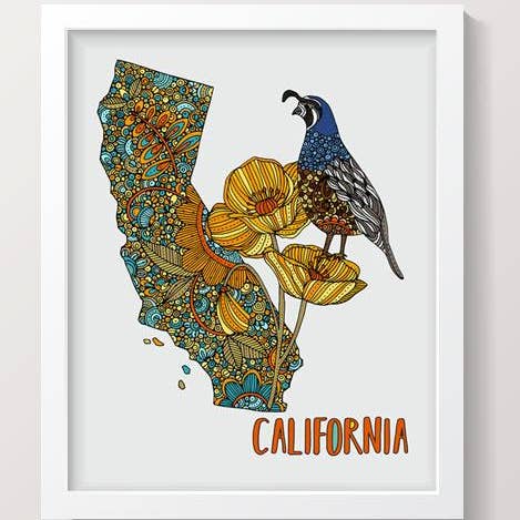 California State Map Art Print - Bird & Flower for wholesale by Valentina Harper