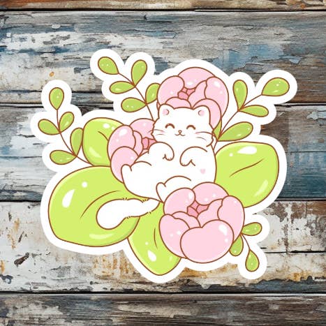 Cute White Cat & Flowers Die Cut Vinyl Sticker for wholesale by Prairie Chicken Sticker Shop & Gifts