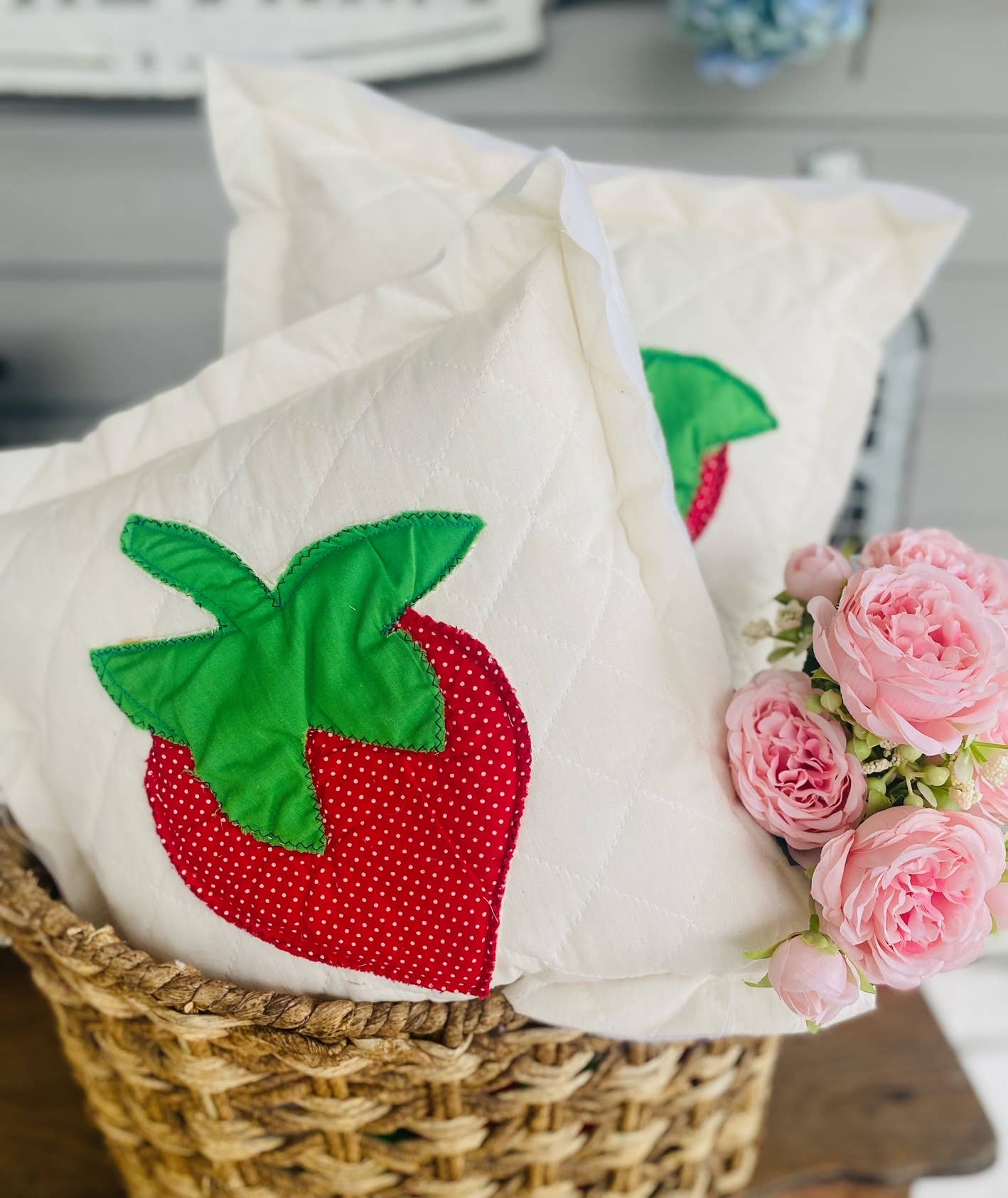 A Gnome on the Roam - Wholesale Throw/Decorative Pillow - Handcrafted Mini Upcycle Pillow Vintage Quilted Strawberry 1