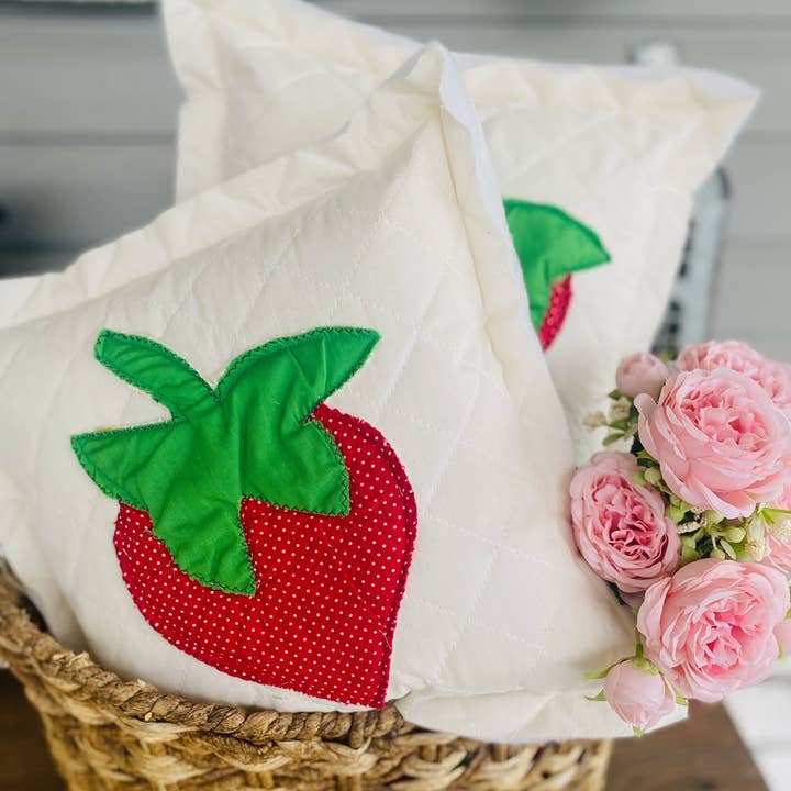 A Gnome on the Roam - Wholesale Throw/Decorative Pillow - Handcrafted Mini Upcycle Pillow Vintage Quilted Strawberry 1