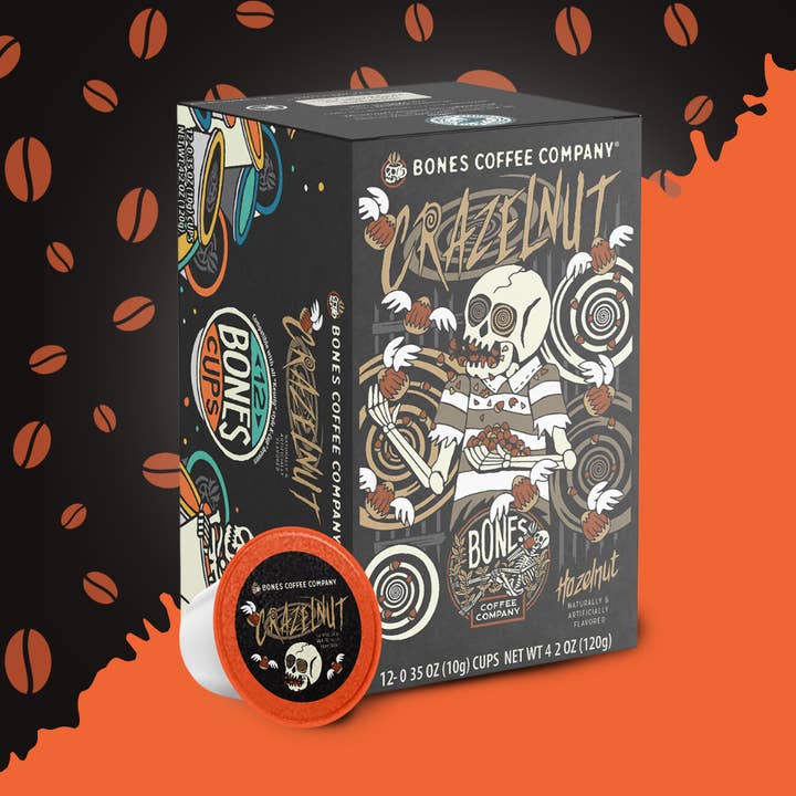 Bones Coffee Company - Wholesale Coffee pods - Crazelnut Coffee Pods | 12 Count | Flavored Coffee Pods