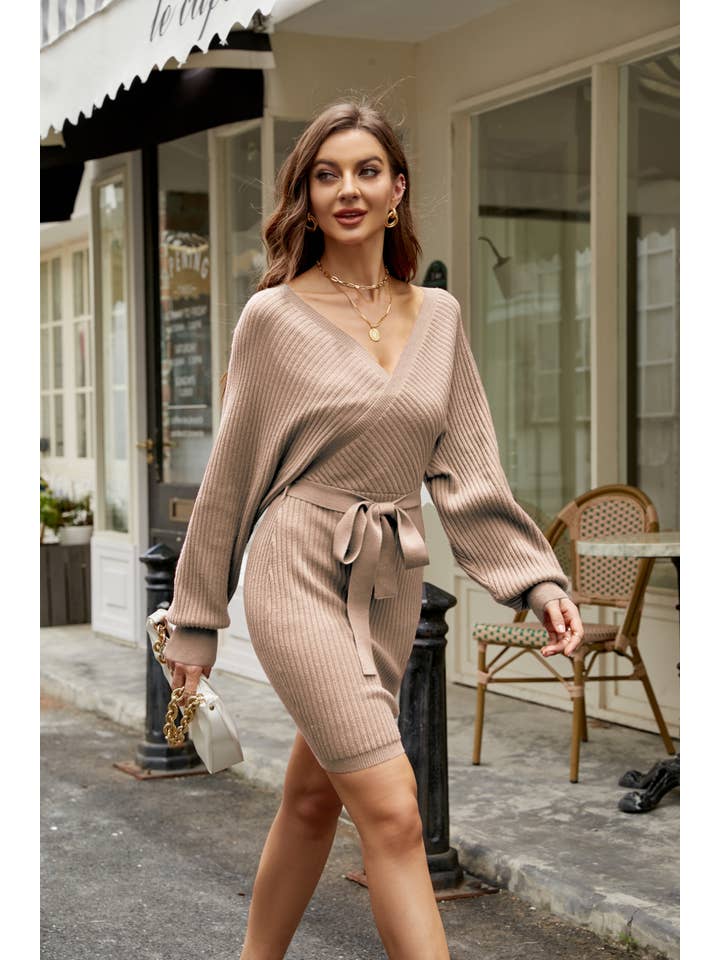 GEXWORLDWIDE - Wholesale Dress - Women's - Apricot Long Lantern Sleeve Slim Sweater Wrap Dress